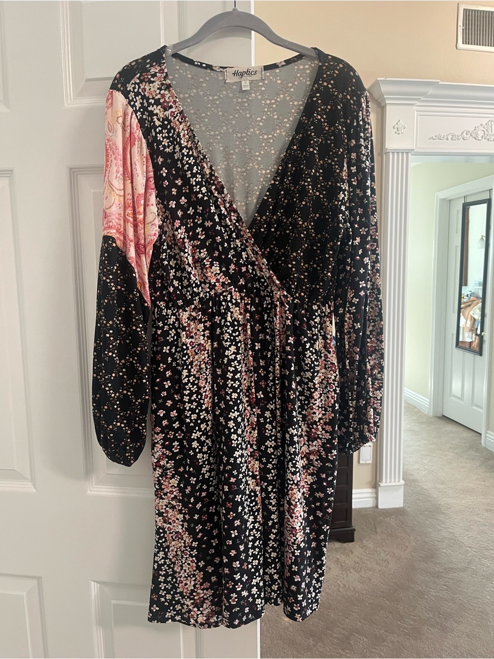 Haptics Black & Pink Floral Wrap Midi Dress with Long Sleeves with pockets